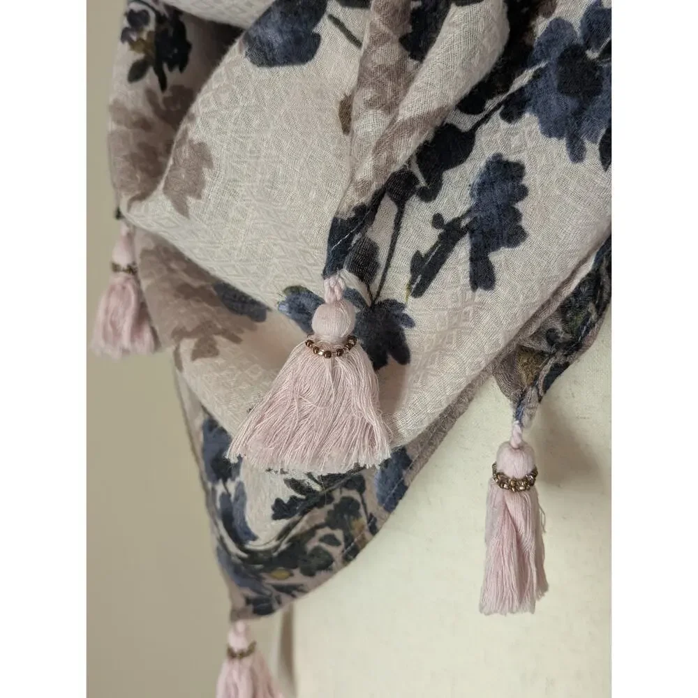 J. Jill Pure Jill Taupe Purple Floral Lightweight Rectangle Tassel Scarf 39x40